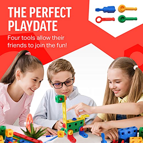 Brickyard Building Blocks STEM Toys - Educational Building Toys for Kids Ages 4-8 w/101 Pieces, Kid-Friendly Tools, Full-Color Design Guide, and Toy Storage Box