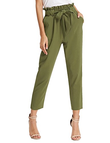 GRACE KARIN Women's Casual Slim Fit Elastic Waist Cropped Pants Trousers XL Army Green