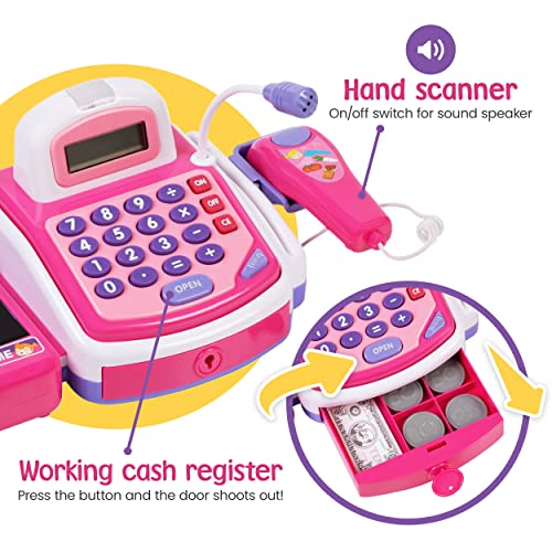 Prextex Pretend Play Electronic Toy Cash Register STEM Toy with Mic Speaker and Play Money Included for Kids