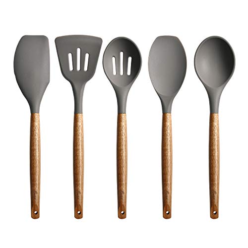 Miusco Non-Stick Silicone Cooking Utensils Set with Natural Acacia Hard Wood Handle, 5 Piece, Grey, High Heat Resistant