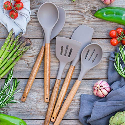 Miusco Non-Stick Silicone Cooking Utensils Set with Natural Acacia Hard Wood Handle, 5 Piece, Grey, High Heat Resistant