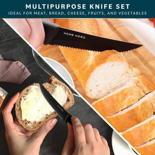 Home Hero 8 Pcs Kitchen Knife Set, Chef Knife Set & Steak Knives - Professional Design Collection - Razor-Sharp High Carbon Stainless Steel Knives with Ergonomic Handles (8 Pcs - Black)