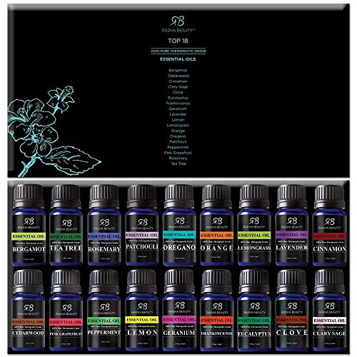 Radha Beauty Aromatherapy 18 Essential Oils (Lavender, Tea Tree, Peppermint, Lemongrass, Orange, Eucalyptus, Rosemary, Frankincense, Lemon, Bergamot, Cedarwood, Patchouli, Geranium, and more)