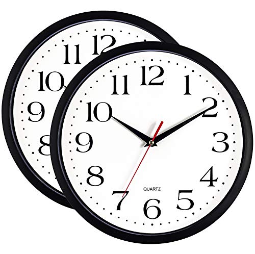 Bernhard Products Black Wall Clocks, 2 Pack Silent Non Ticking - 12 Inch Quality Quartz Battery Operated Round Easy to Read Home/Office/Classroom/Business/Kitchen/School Clock