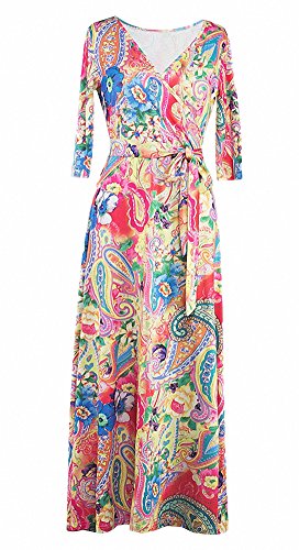Afibi Womens Bohemian 3/4 Sleeve Faux Wrap Maxi Dress with Belt (Medium, Design 4)