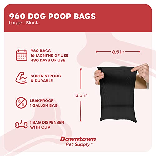 960 Pet Waste Bags, Dog Waste Bags, Bulk Poop Bags with Leash Clip and Bone Bag Dispenser - (960 Bags, Black)