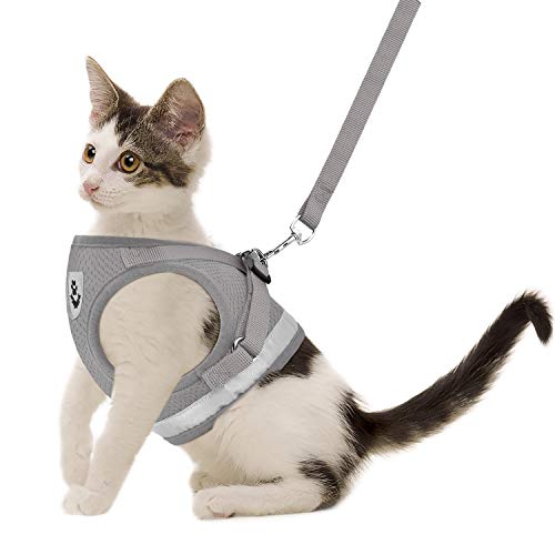Cat Harnesses and Puppy Harness with Leashes Set, Escape Proof Cat Harness, Adjustable Reflective Soft Mesh Vest Fit Puppy Kitten Rabbit Ferrets's Outdoor Harness (Grey, M, Chest: 13" - 14")