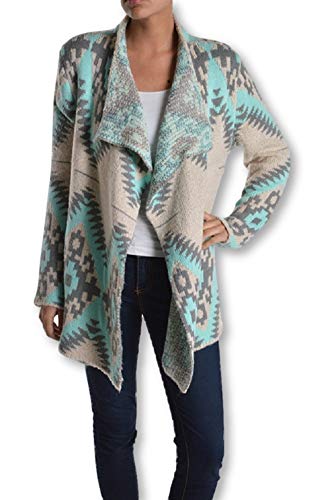 RENEEC. Women's Mint Aztec Print Open Front Chunky Cardigan Sweater Knit (Medium, Mint)