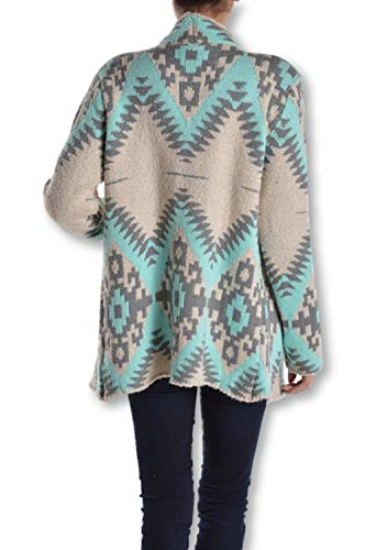 RENEEC. Women's Mint Aztec Print Open Front Chunky Cardigan Sweater Knit (Medium, Mint)