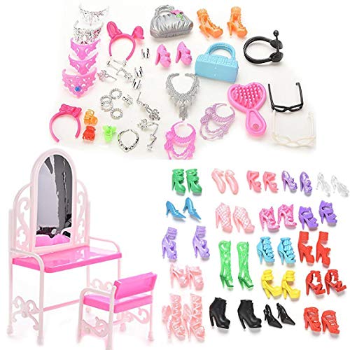 Buytra 40 Pieces Jewelry Necklace Earring Shoes Crown Accessories 1 Set Dressing Table Chair 20 Pairs Shoes for Barbie Dolls