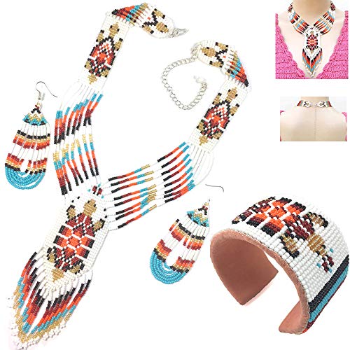 Native Style Beaded Jewelry Set Necklace Earrings Bracelet Handmade (White)