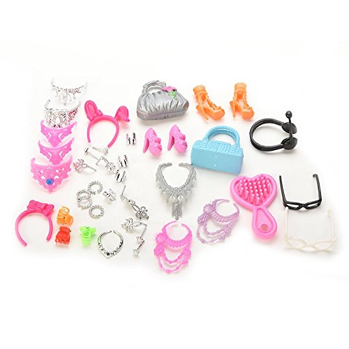 Buytra 40 Pieces Jewelry Necklace Earring Shoes Crown Accessories 1 Set Dressing Table Chair 20 Pairs Shoes for Barbie Dolls