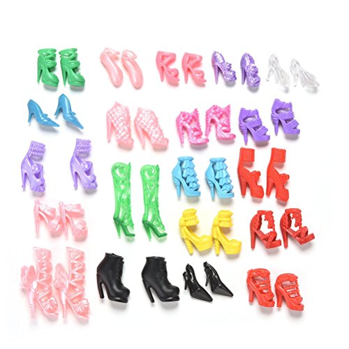 Buytra 40 Pieces Jewelry Necklace Earring Shoes Crown Accessories 1 Set Dressing Table Chair 20 Pairs Shoes for Barbie Dolls