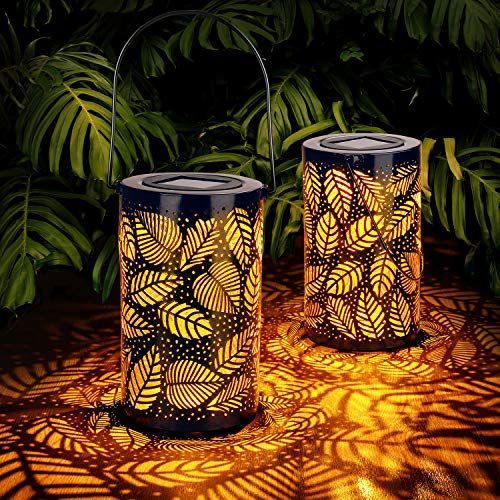 2-Pack Solar Hanging Lantern Outdoor, Metal Hollow LED Solar Lights, Warm White, Decorative Solar Powered Lamps with Stakes for Garden, Patio, Lawn, Yard, Deck, Tree, Party