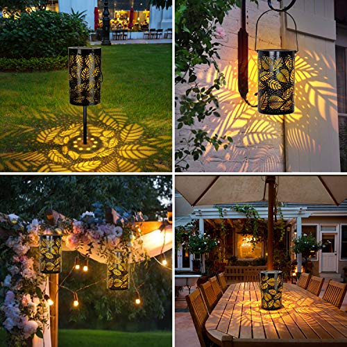 2-Pack Solar Hanging Lantern Outdoor, Metal Hollow LED Solar Lights, Warm White, Decorative Solar Powered Lamps with Stakes for Garden, Patio, Lawn, Yard, Deck, Tree, Party