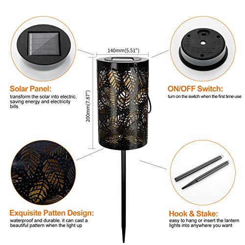 2-Pack Solar Hanging Lantern Outdoor, Metal Hollow LED Solar Lights, Warm White, Decorative Solar Powered Lamps with Stakes for Garden, Patio, Lawn, Yard, Deck, Tree, Party