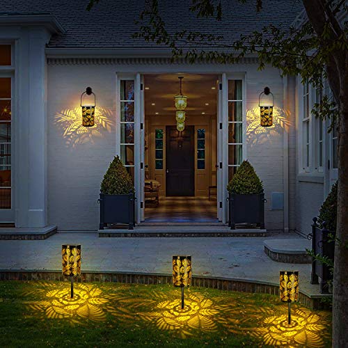 2-Pack Solar Hanging Lantern Outdoor, Metal Hollow LED Solar Lights, Warm White, Decorative Solar Powered Lamps with Stakes for Garden, Patio, Lawn, Yard, Deck, Tree, Party