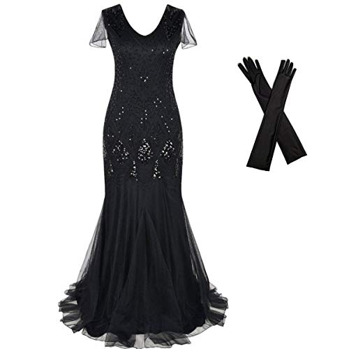 1920s Black Flapper Cocktail Dress with Long Gloves