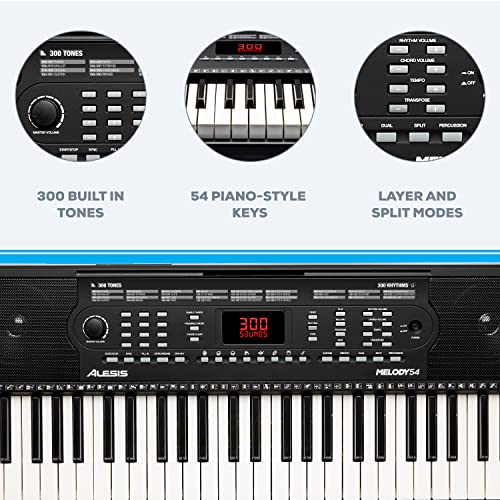 Alesis Melody 54 | 54-Key Electric Keyboard Piano with Speakers, Microphone, Music Rest, Educational Tools, 300 Sounds, 300 Rhythms and 40 Demo Songs