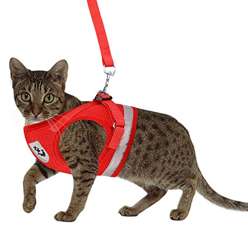 Cat Harnesses and Puppy Harness with Leashes Set, Escape Proof Cat Harness, Adjustable Reflective Soft Mesh Vest Fit Puppy Kitten Rabbit Ferrets's Outdoor Harness (Red, S, Chest: 10" - 12")