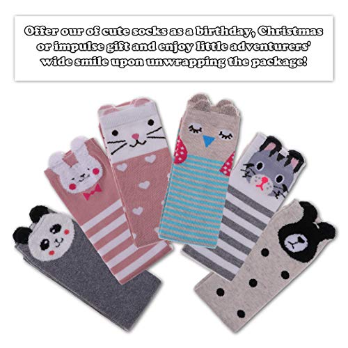 FNOVCO Girls Knee High Socks Cartoon Animal Patterns Cotton Over Calf Socks (6 Pairs Animal)