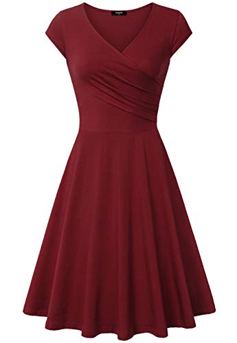 Lotusmile Tight Dresses for Women Party, V Neck Stretch Pleated Bridesmaid Gown,(Medium Wine Red)