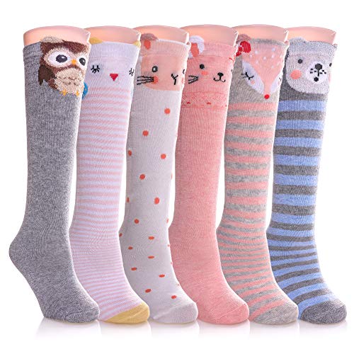 FNOVCO Girls Knee High Socks Cartoon Animal Patterns Cotton Over Calf Socks (6 Pairs Cartoon Animal 01)