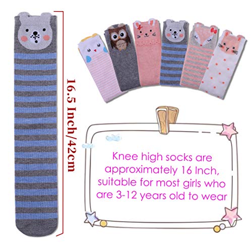 FNOVCO Girls Knee High Socks Cartoon Animal Patterns Cotton Over Calf Socks (6 Pairs Cartoon Animal 01)