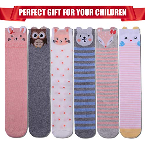 FNOVCO Girls Knee High Socks Cartoon Animal Patterns Cotton Over Calf Socks (6 Pairs Cartoon Animal 01)