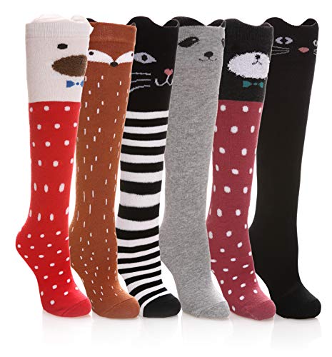 FNOVCO Girls Knee High Socks Cartoon Animal Patterns Cotton Over Calf Socks (6 Pairs Cartoon Animal 02)