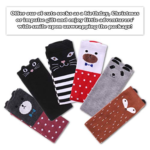 FNOVCO Girls Knee High Socks Cartoon Animal Patterns Cotton Over Calf Socks (6 Pairs Cartoon Animal 02)