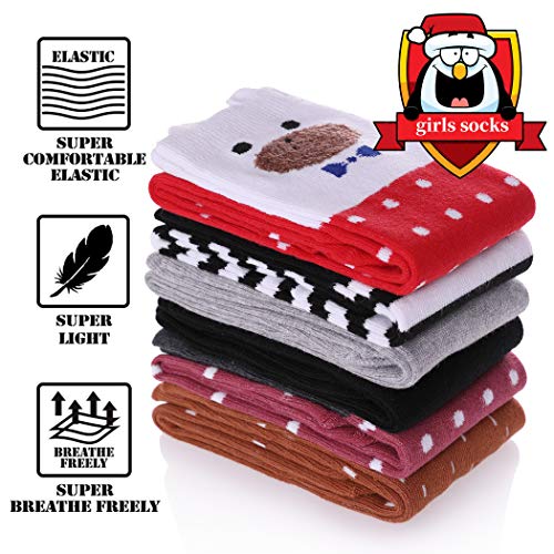 FNOVCO Girls Knee High Socks Cartoon Animal Patterns Cotton Over Calf Socks (6 Pairs Cartoon Animal 02)