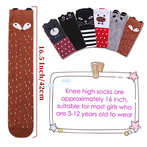 FNOVCO Girls Knee High Socks Cartoon Animal Patterns Cotton Over Calf Socks (6 Pairs Cartoon Animal 02)