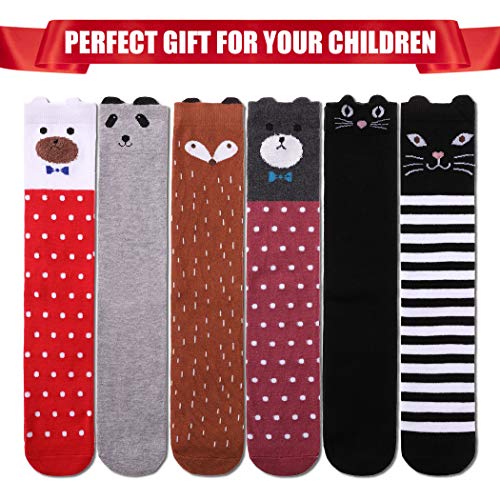 FNOVCO Girls Knee High Socks Cartoon Animal Patterns Cotton Over Calf Socks (6 Pairs Cartoon Animal 02)
