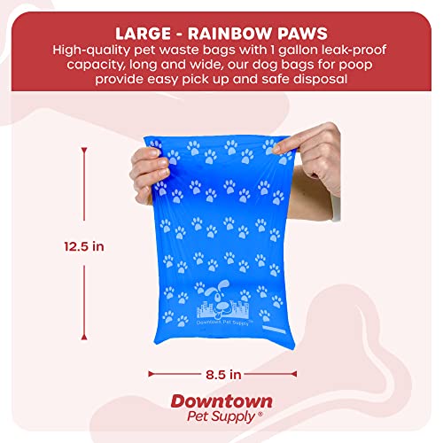Downtown Pet Supply Dog Pet Waste Poop Bags with 2 Leash Clips and Dispensers (520 Bags, Rainbow with Paw Prints)