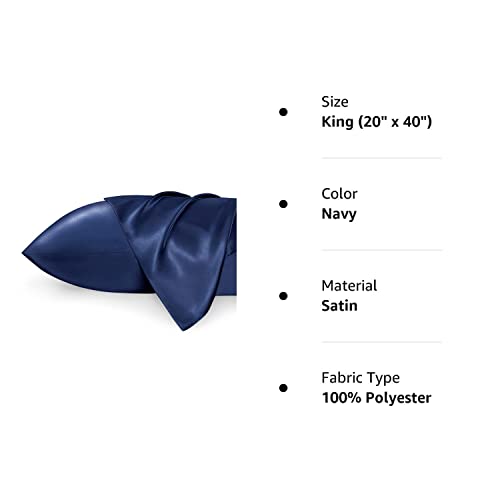 Bedsure Satin King Size Pillow Cases Set of 2 , Navy, 20x40 inches - Pillowcase for Hair and Skin - Satin Pillow Covers with Envelope Closure