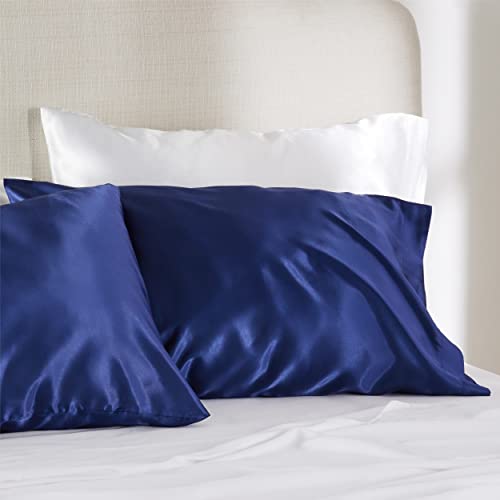 Bedsure Satin Pillowcase for Hair and Skin Queen - Navy Silk Pillowcase 2 Pack 20x30 inches - Satin Pillow Cases Set of 2 with Envelope Closure