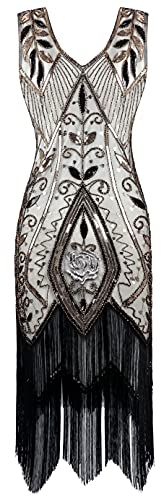 Metme Women's 1920s Vintage Flapper Fringe Beaded Great Gatsby Party Dress, Champagne, Small