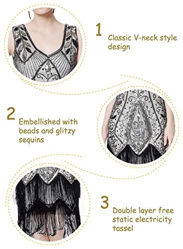 Metme Women's 1920s Vintage Flapper Fringe Beaded Great Gatsby Party Dress, Champagne, Medium