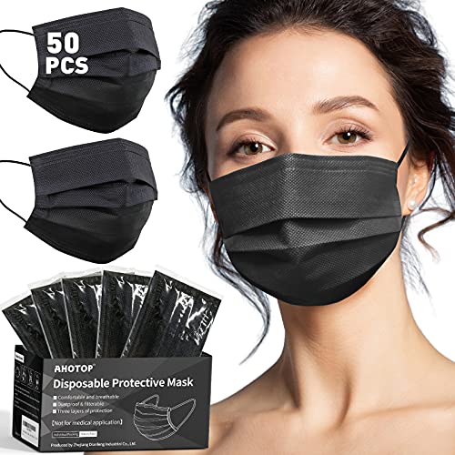 Black Face Mask Disposable Dust Mask, Face Covering Breathable Non-Woven Face Masks, Breathable Cool Masks with Earloop for Adult Men Women Indoor Outdoor, 3 Ply 50PCS