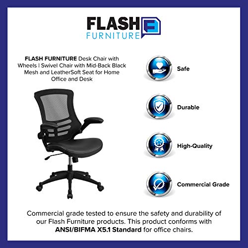 Flash Furniture Desk Chair with Wheels | Swivel Chair with Mid-Back Black Mesh and LeatherSoft Seat for Home Office and Desk