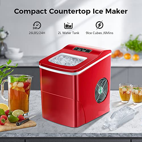 Portable Self-Cleaning Ice Maker, 26.5lbs/24hrs, 6~8Mins, Red