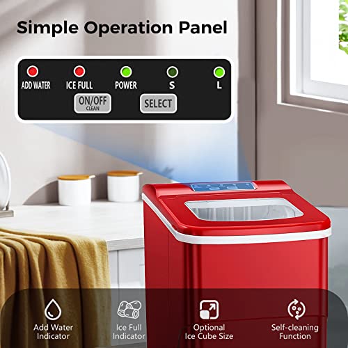Portable Self-Cleaning Ice Maker, 26.5lbs/24hrs, 6~8Mins, Red