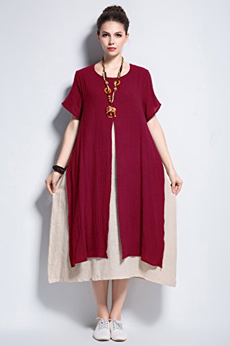Fake-Two-Piece Linen Cotton Dress - Red - Small