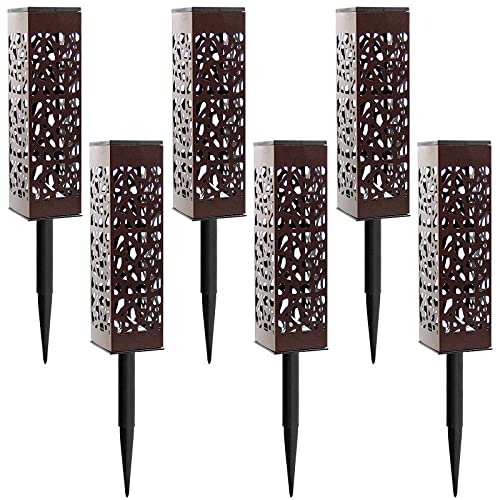 MAGGIFT 6 Pack Outdoor Dual-use Solar Pathway Lights Upgrade Brown Stainless Steel Solar LED Lantern with Handle, 8 Lumen Bright Garden Light, Patio Lawn Driveway Landscape Decorations, Warm White
