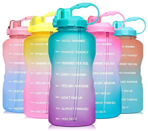 Venture Pal Large 1 Gallon/128 OZ (When Full) Motivational BPA Free Leakproof Water Bottle with Straw & Time Marker Perfect for Fitness Gym Camping Outdoor Sports-Green/Purple Gradient