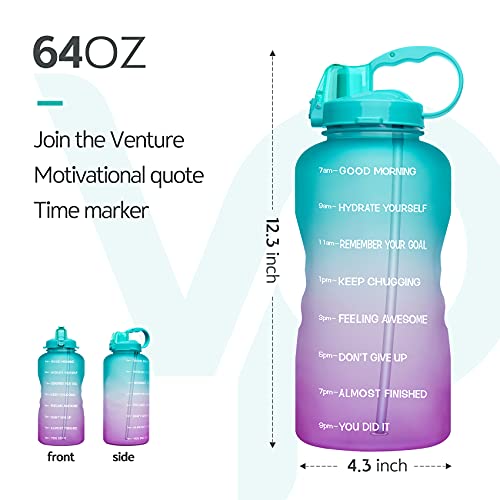 Venture Pal Large 1 Gallon/128 OZ (When Full) Motivational BPA Free Leakproof Water Bottle with Straw & Time Marker Perfect for Fitness Gym Camping Outdoor Sports-Green/Purple Gradient