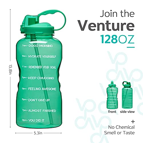 Venture Pal Large 1 Gallon/128 OZ (When Full) Motivational BPA Free Leakproof Water Bottle with Straw & Time Marker Perfect for Fitness Gym Camping Outdoor Sports-Green
