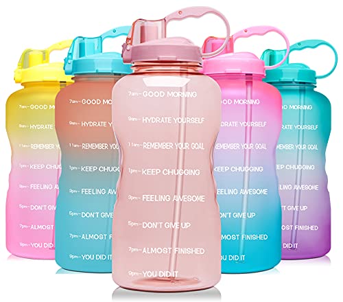 Venture Pal Large 1 Gallon/128 OZ (When Full) Motivational BPA Free Leakproof Water Bottle with Straw & Time Marker Perfect for Fitness Gym Camping Outdoor Sports-Light Pink