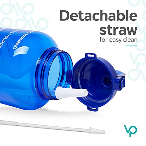 Venture Pal Large 1 Gallon/128 OZ (When Full) Motivational BPA Free Leakproof Water Bottle with Straw & Time Marker Perfect for Fitness Gym Camping Outdoor Sports-Deep Blue